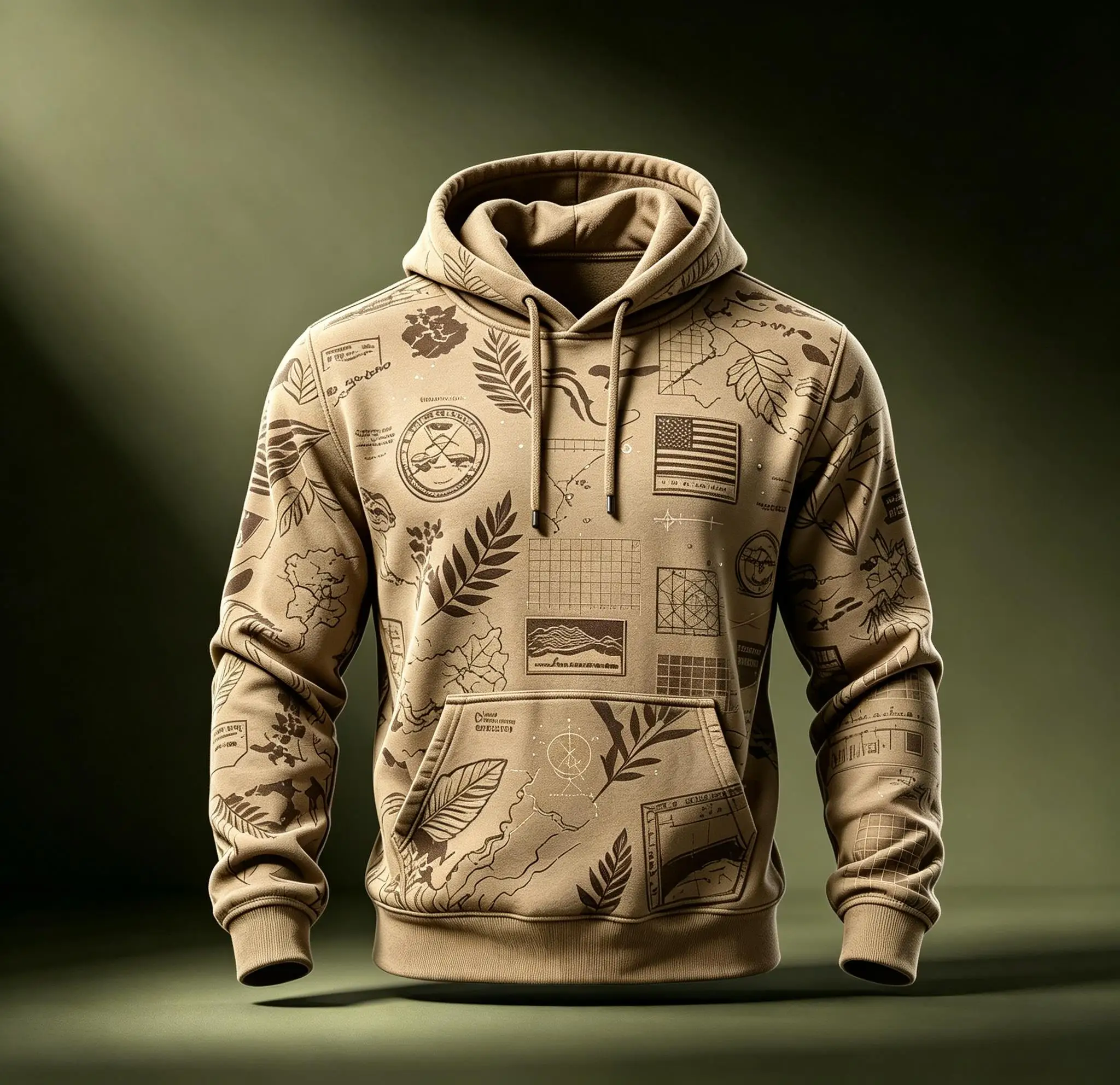 Men Fleece Lined Hoodie Army Green Vintage Map Leaf Badge Print Drawstring Pullover Sweatshirt