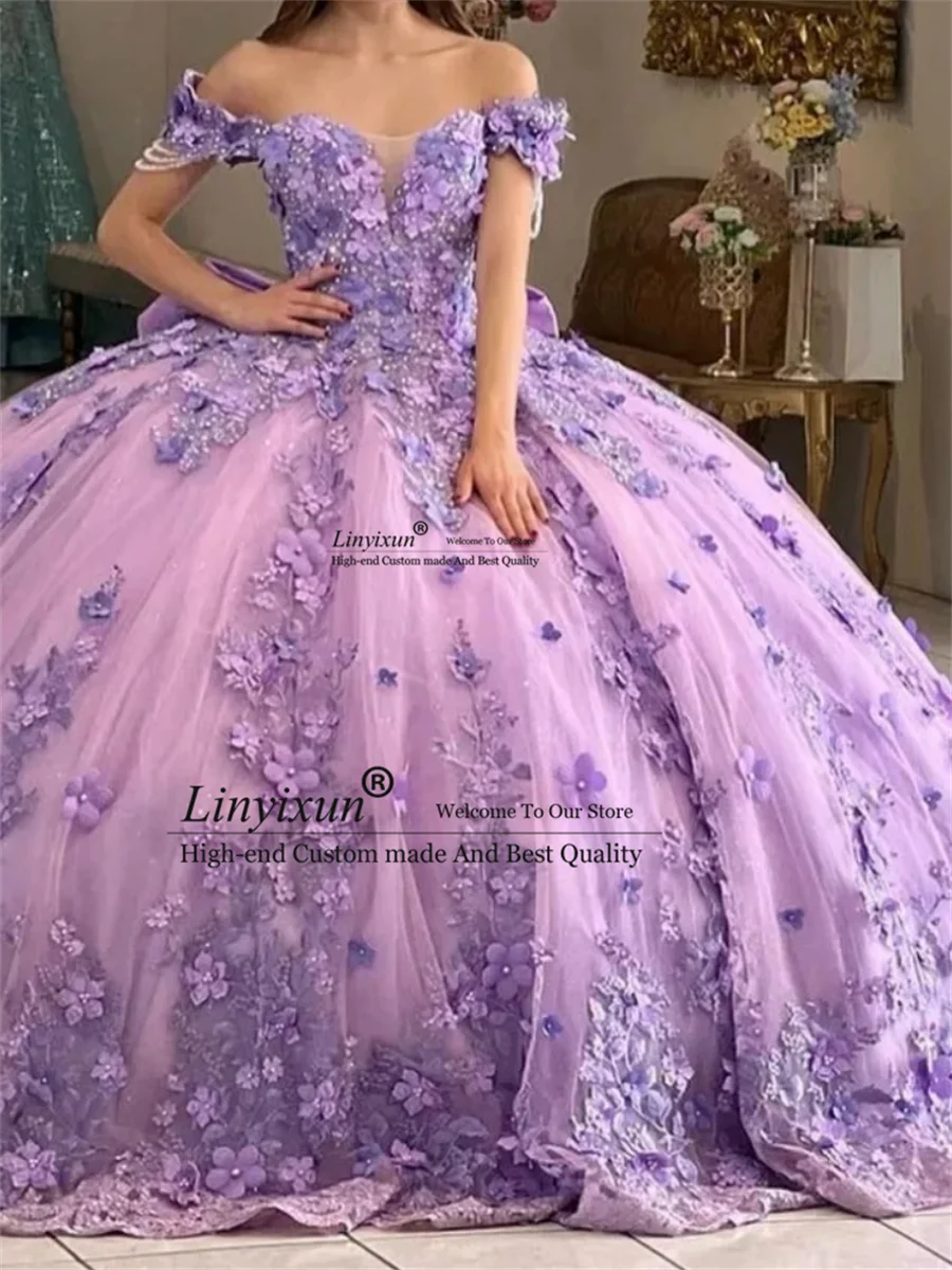 Sweet Charming Mexico Lilac Quinceanera Dresses For 16th Year Girls V Neck Floral Lace Up 15 Party Prom Gown Vestidos De XV Años