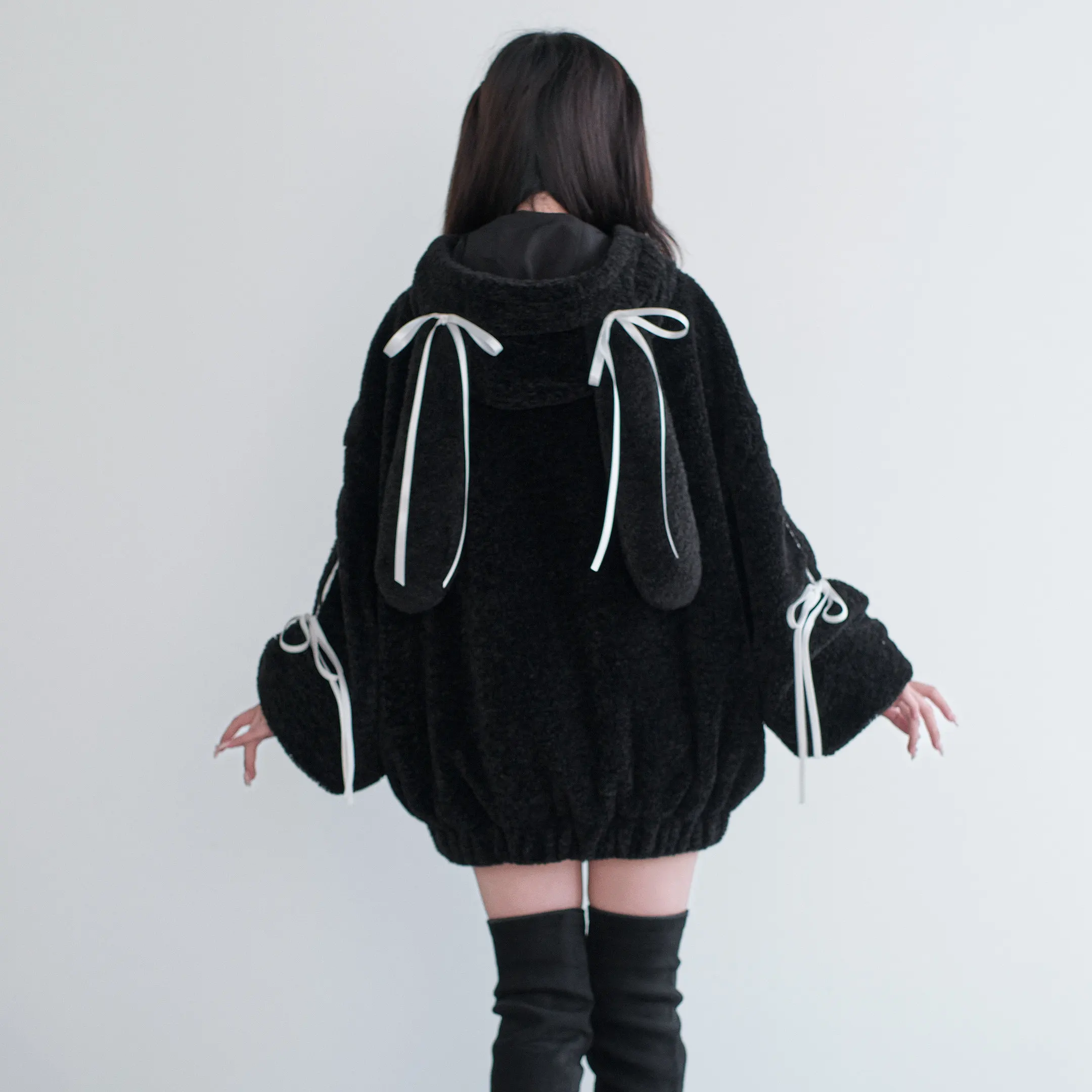 Black Fluffy Fleece Zip Up Hoodie Long Bunny Ears White Ribbon Bow Decor Metal Buckle Neck Strap Oversized Harajuku Jacket