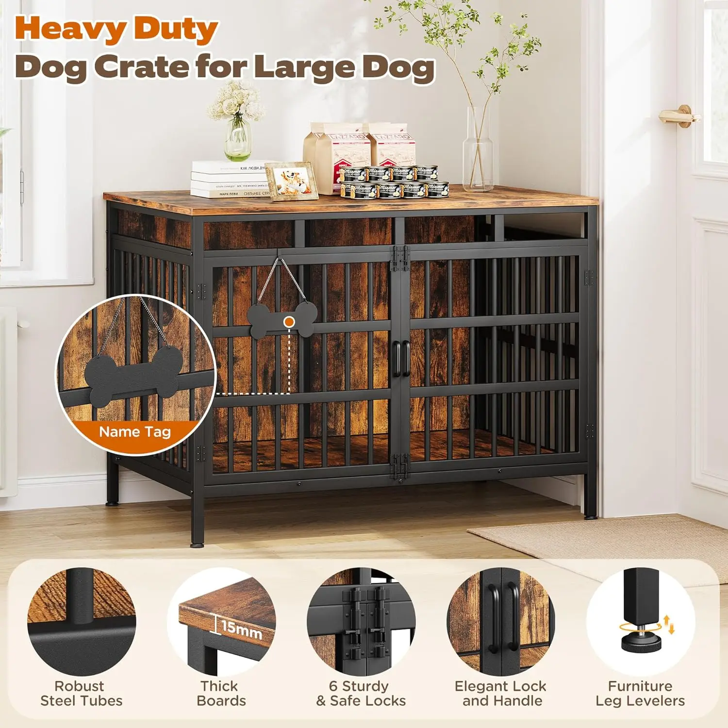 أثاث على شكل صندوق للكلاب مقاس 47 بوصة، بيت للكلاب شديد التحمل للكلاب الصغيرة والمتوسطة والكبيرة، أبواب مزدوجة للديكور الداخلي، قفص بيت الحيوانات الأليفة #5