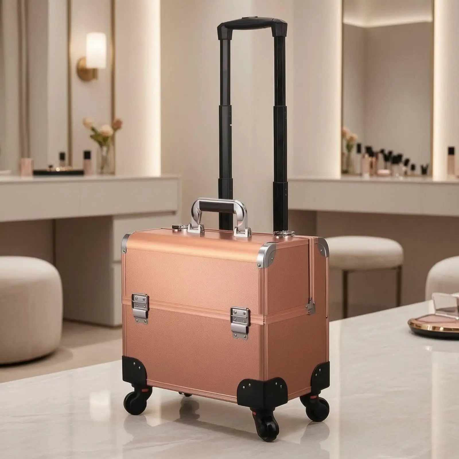 Professional Makeup Case on Wheels Large Rolling Cosmetics Organizer Hard Shell Travel Suitcase for Beauty Technicians