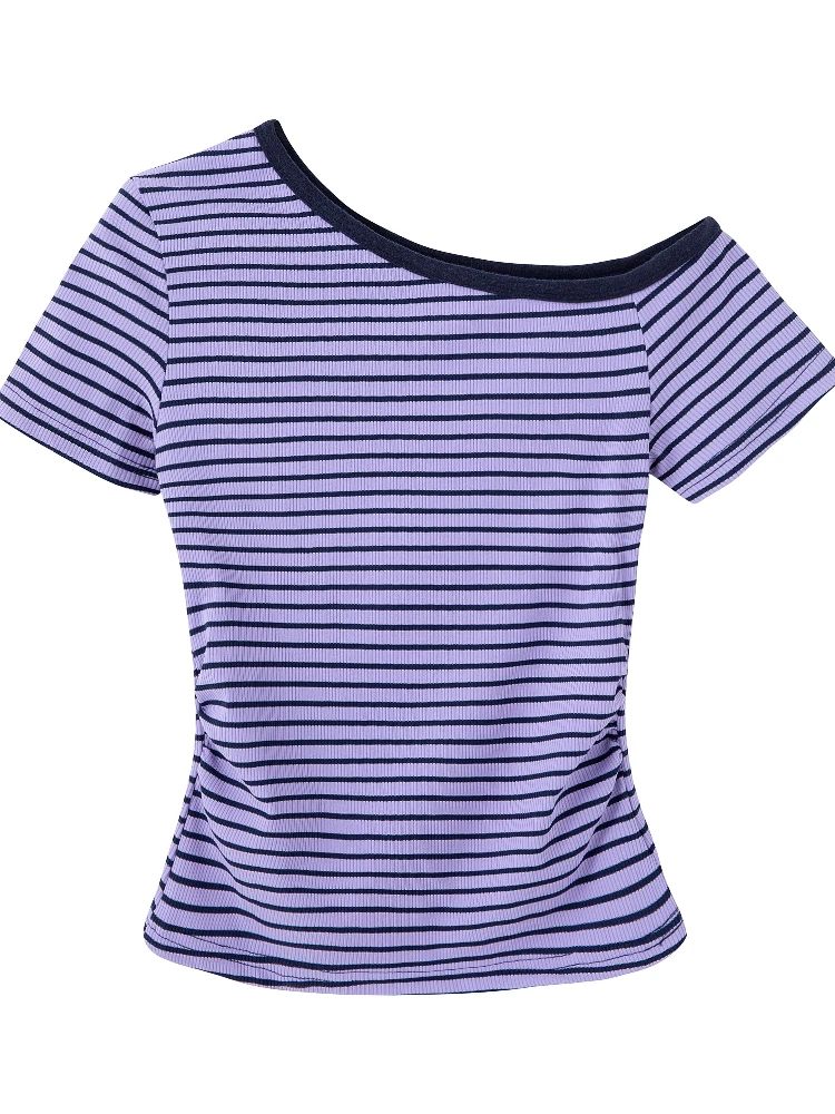 Trendy Diagonal Collar Short Sleeve T-Shirt 2026 Summer Women T-Shirts Retro Sexy Slim Off-Shoulder Top Striped Color Block Tee
