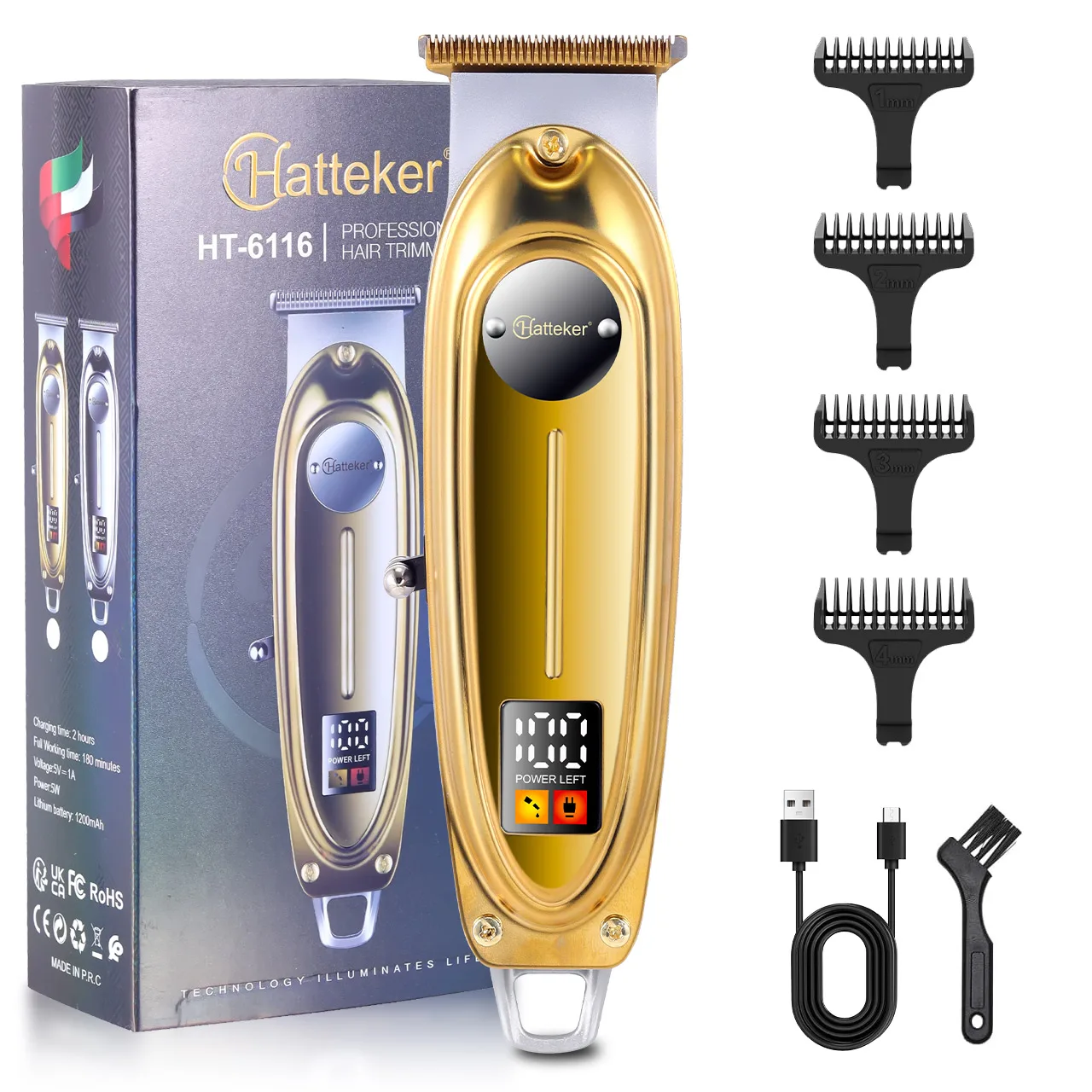 

Hatteker Golden Professional Hair Trimmer LED Display Metal Hair Clipper USB Charging Electric Men's Hair Clipper Grooming Kit