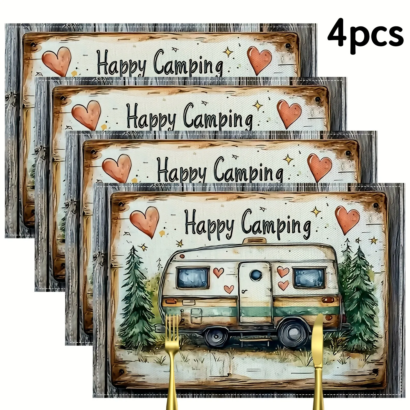 Happy Camping Themed Placemats Measuring Suitable for Kitchen And Dining Room Decor