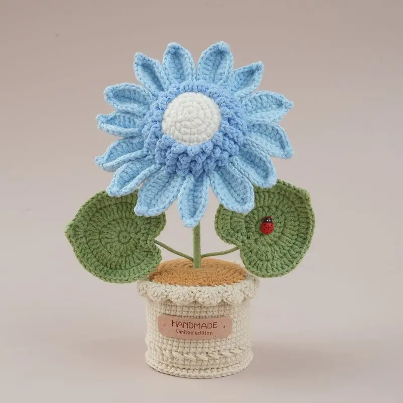 Handgefertigter Gehäkelter Sonnenblumentopf Kreative Gehäkelte Blume Künstliche Pflanze Fertige Gestrickte Sonnenblume im Topf Raumdekoration Geschenk – Detail 3