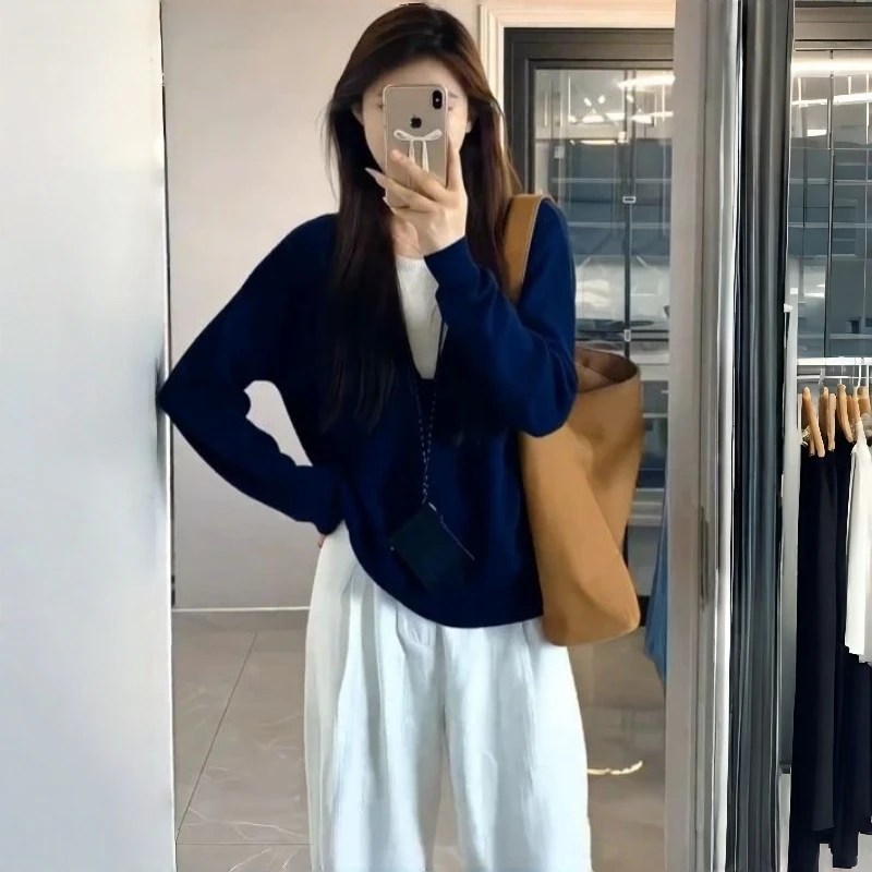 Y2K V Neck Sweater Women Fake Two Piece Long Sleeve Loose Knit Top Spring Autumn Soft Sticky