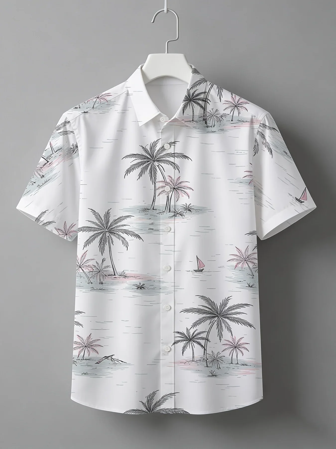 Summer Breathable Short Moderate Length Button Up Shirt White Base Sunset Tropical Full Print Split Hem Vacation Shirt