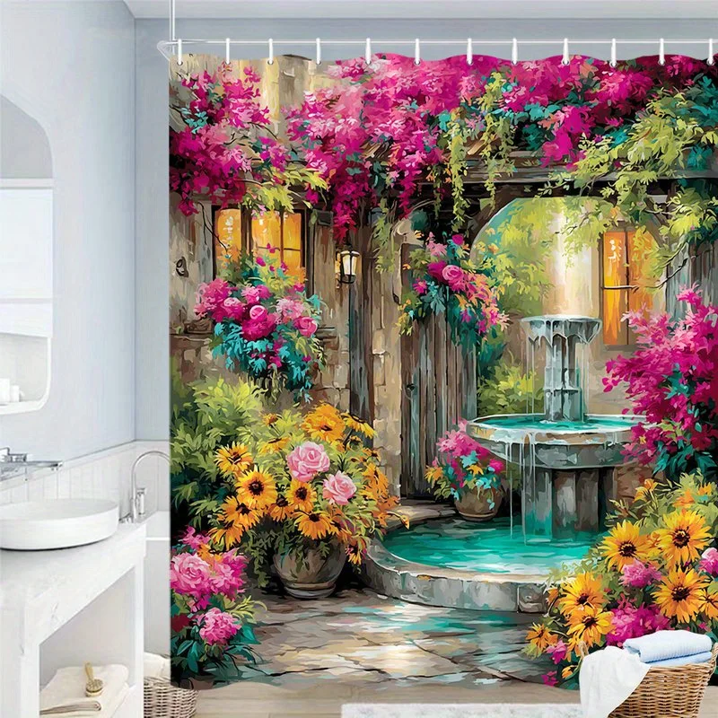A Single Rustic Garden Shower Curtain Featuring a Stone Pathway, an Arched Doorway, Blooming Pink Bougainvillea, Sunflowers, And
