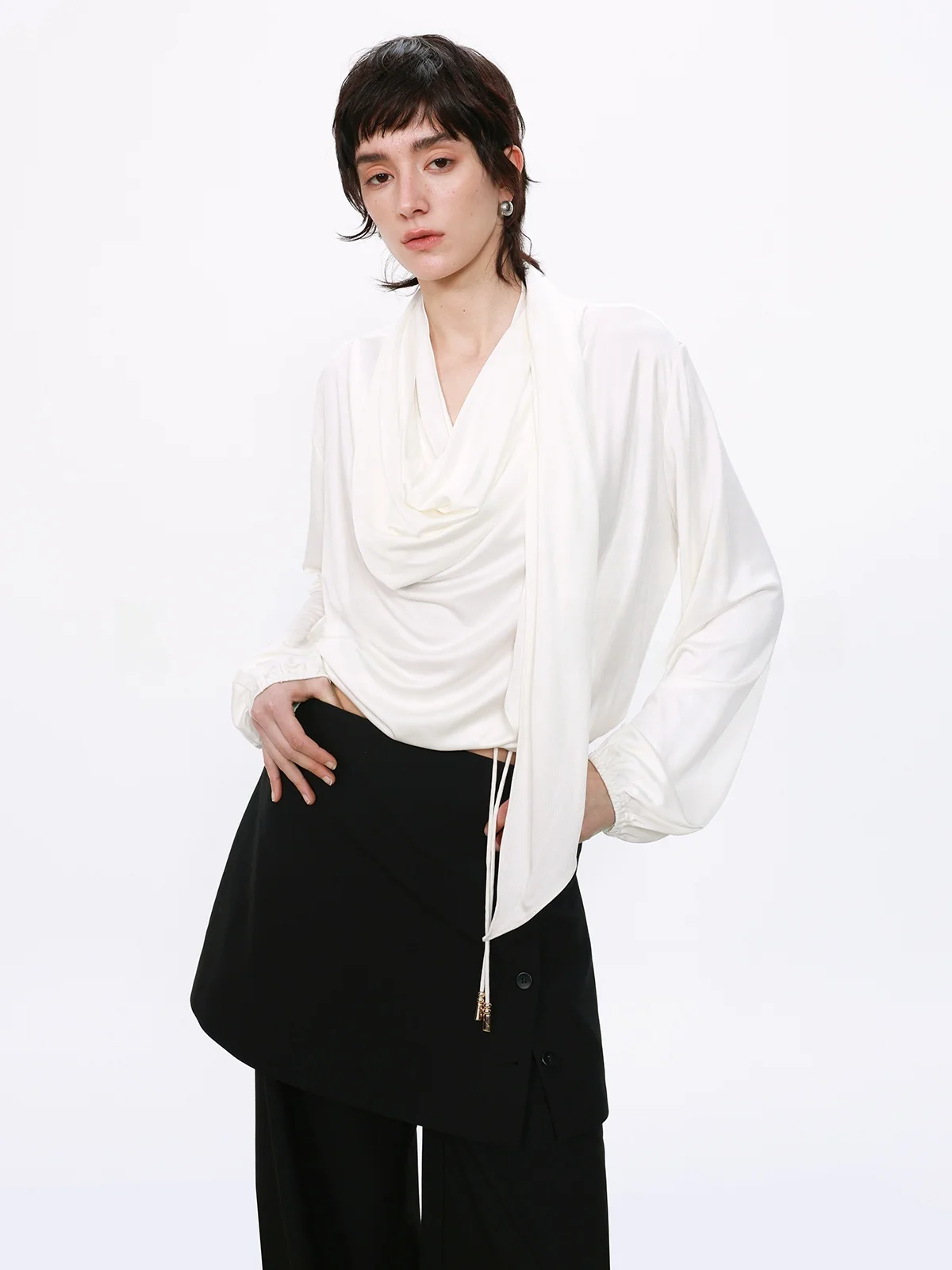 

Свободная вязаная рубашка с эластичной талией, асимметричным подолом и драпированным дизайном для женщин, для повседневной носки