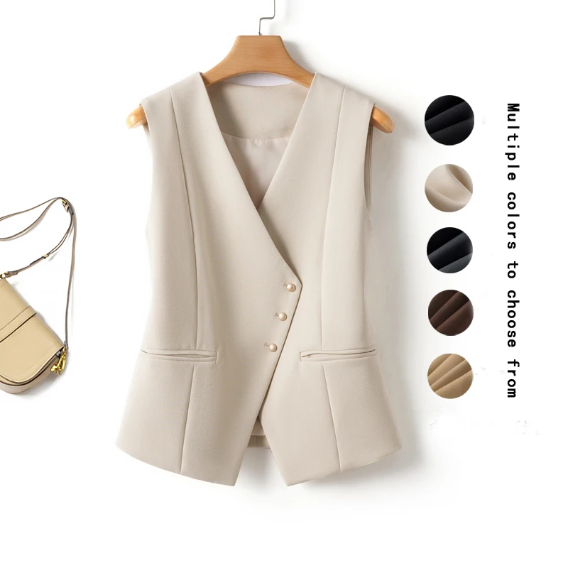 Short V-Neck Suit Vest for Women, Spring and Autumn Slant-Buttoned Top, Perfect for Office Wear and Versatile Vest