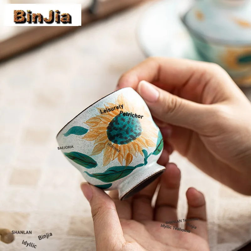 BAEJORIA 80ml Hand-painted Sunflower Gourd Teacup Luxury Tea Bowl Sample Tea Cup Tea-tasting Fragrance Cup Jianzhan Master Cups