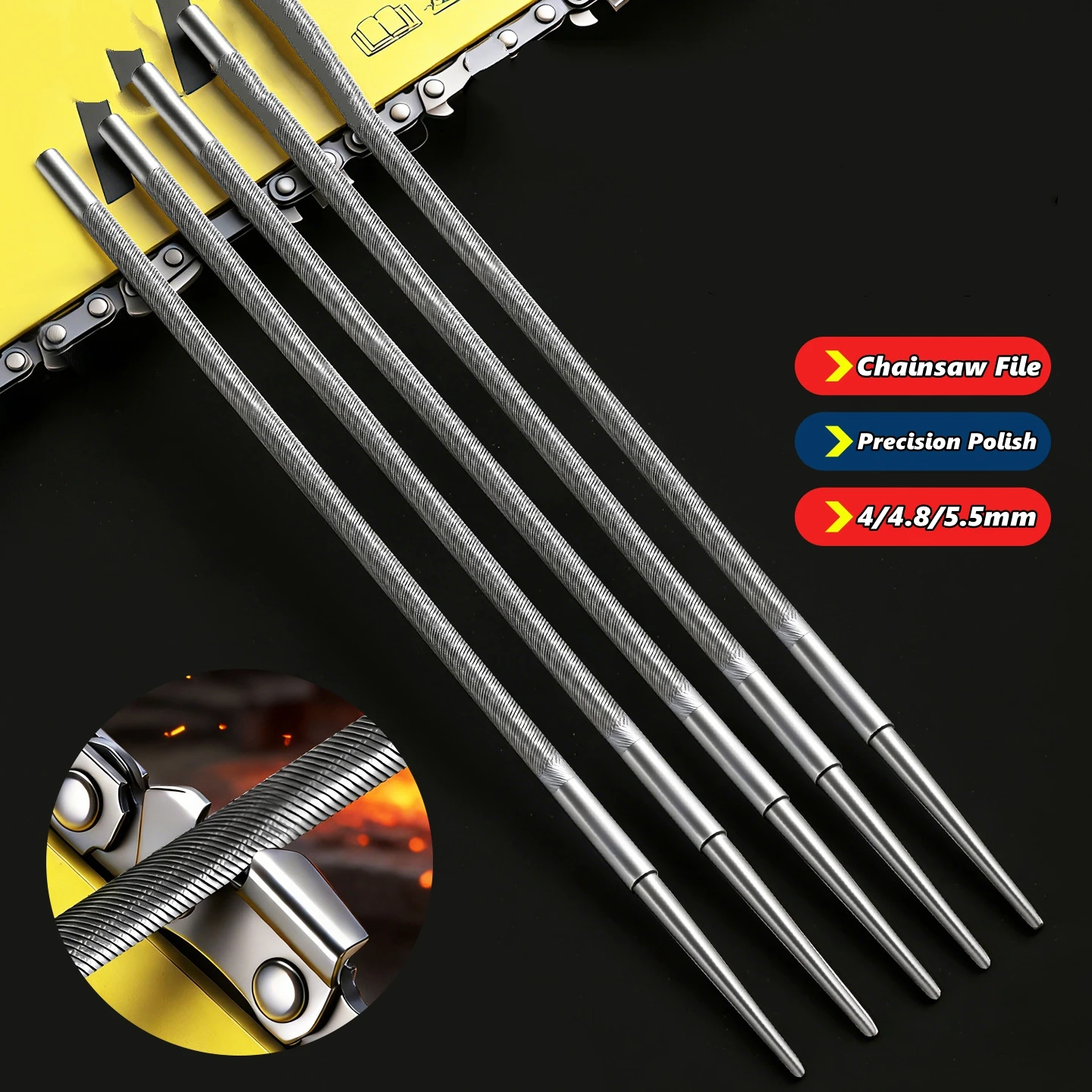 3pcs Chainsaw File Set with Handle 4/4.8/5.5mm Steel Precision Double Cut Teeth for Electric Saw Saw Chain Files Sharpener