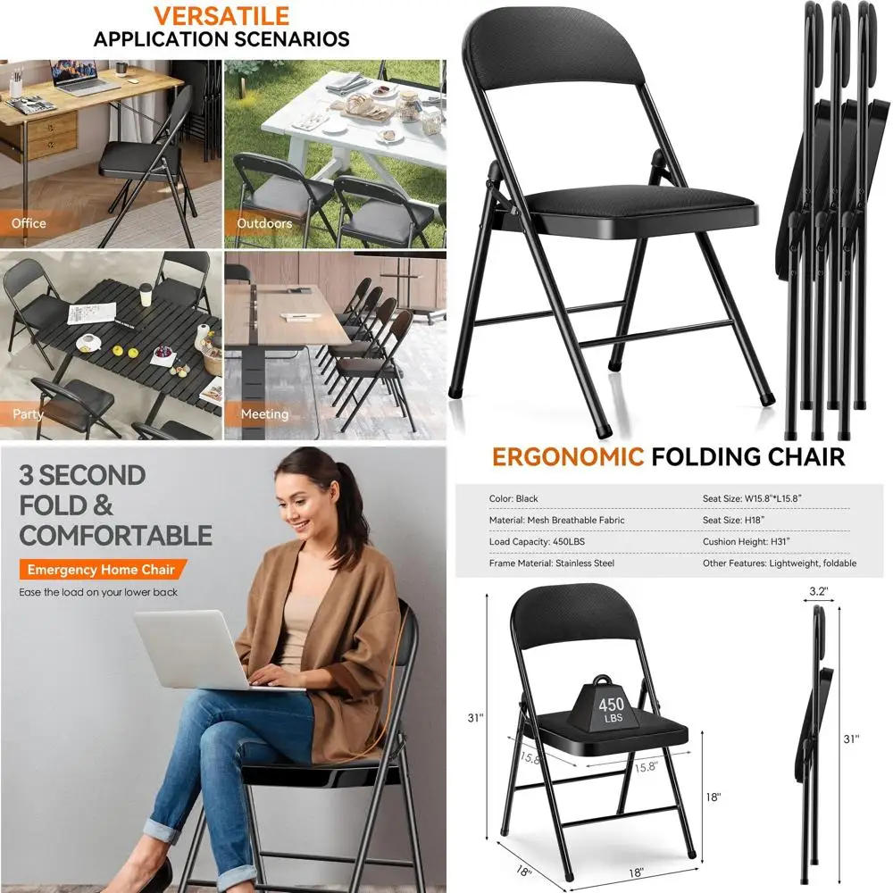 

4-Pack Padded Folding Chairs - Heavy-Duty Metal with Steel Frame, 450lb Capacity, Comfortable for Indoor/Outdoor Events (Black)