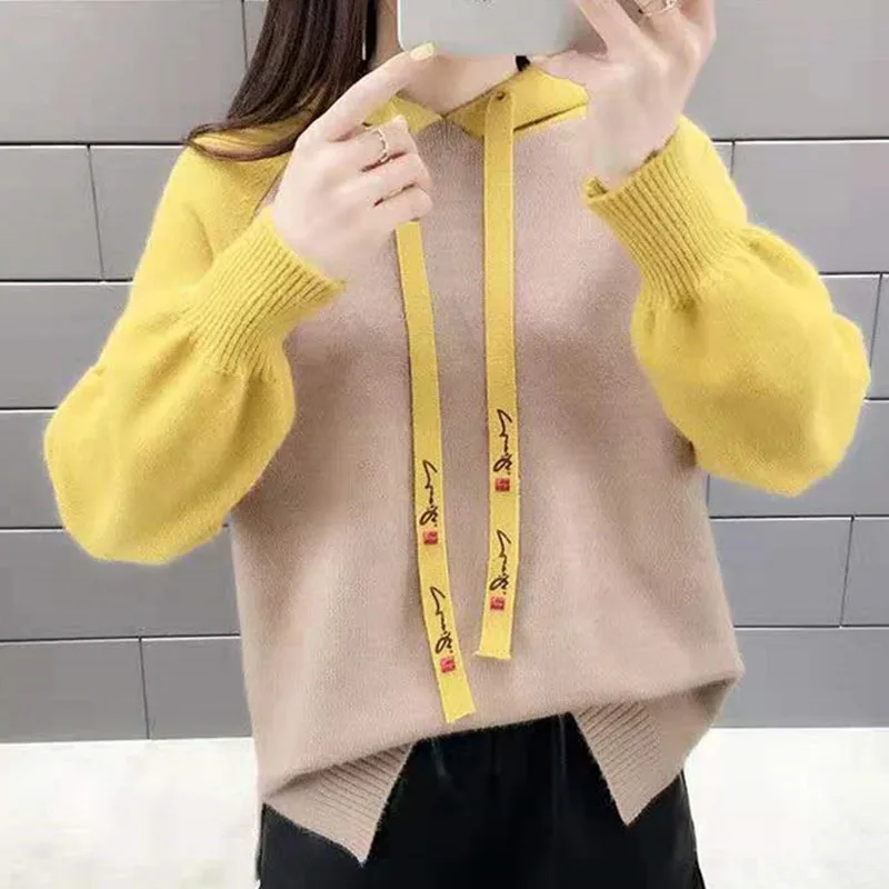 Korean Women Color Blocking Loose Fitting Pullover Knit Autumn Female Long Sleeves Sweaters Tops Ladies New Hooded Knitwear