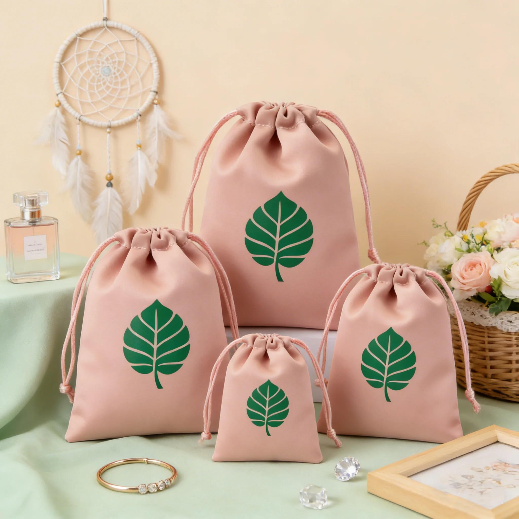 

Custom Logo Printed Peach Satin Drawstring Bag for Luxury Hair Silk Perfume Gift Jewelry Cosmetic Makeup Wedding Favor Packaging