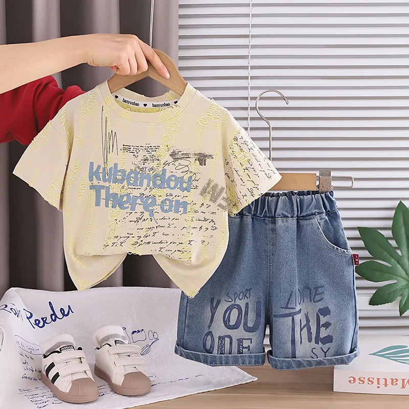 Toddler Boy Summer Short Sleeve Set 2026 New Arrivals Korean Hole Letter Print T-shirt and Shorts 2 Piece Sets Kids Boys Outfits