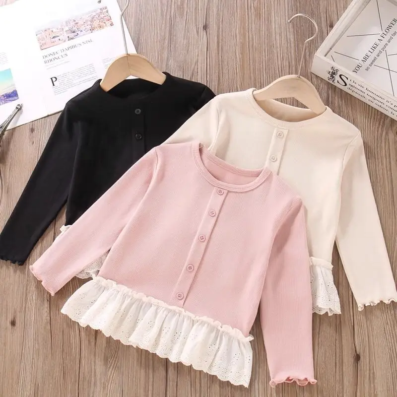 Autumn New Arrivals Kids Girls Buttons T-shirts Lace Patchwork Long Sleeve Blouses Kids Girl Comfortable Tees Children Clothes