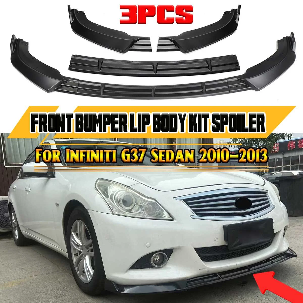 3x Car Front Bumper Splitter Lip Diffuser Deflector Lips Body Kit Spoiler Guard Protector Cover For Infiniti G37 Sedan 2010-2013