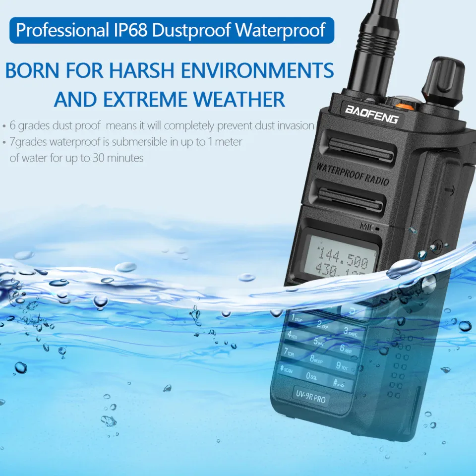 Baofeng UV 9R PRO IP68 Waterproof Walkie Talkie UHF/VHF 8W Dual Band High Power Long Range Radio + Earpiece