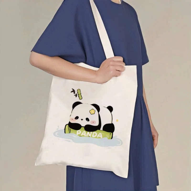 

1pc Cute Cartoon Panda Print Canvas Tote Bag, Casual Shoulder Shopper, Reusable Grocery & Daily Carry Bag