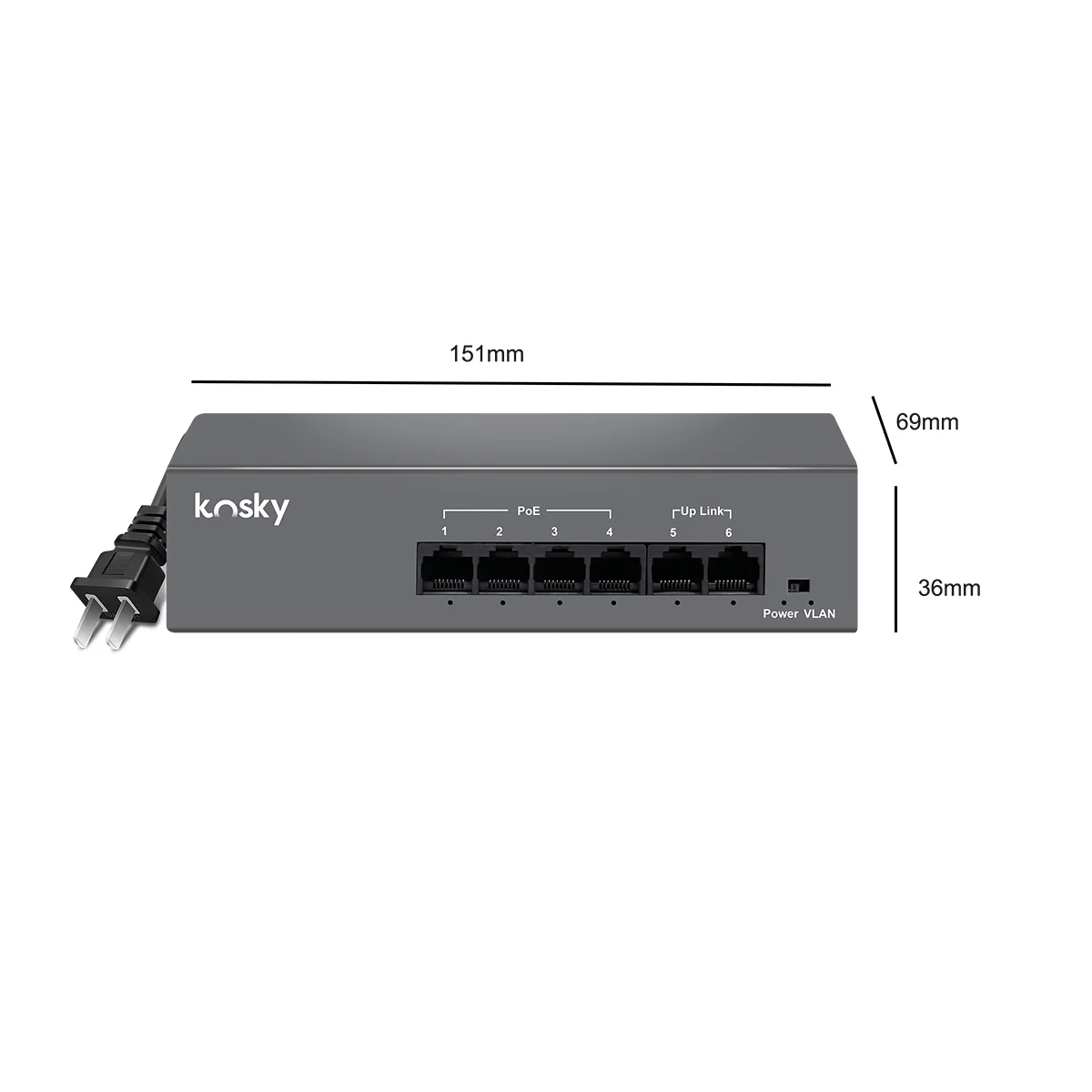 مفتاح KOSKY 4-port 100Mbps POE، مراقبة AI، مفتاح واحد VLAN، حماية من البرق 6KV، بروتوكول IEEE802.3AF/AT