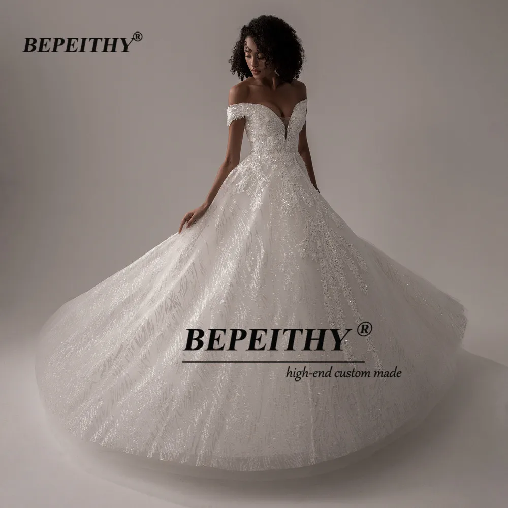 Bepeithy personalizado fora do ombro glitter vestidos de casamento para as mulheres 2022 dubai vestido de noiva luxo vestido de baile para noiva novo