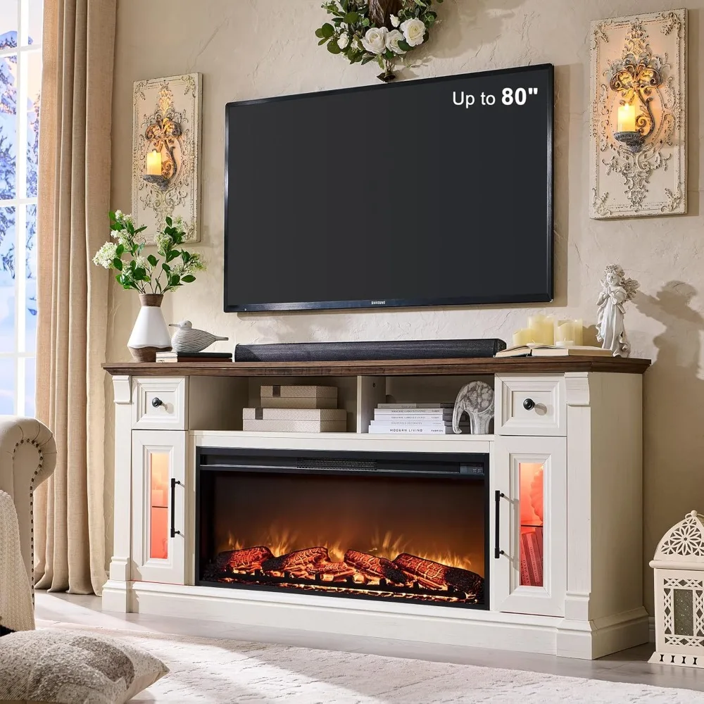 

Fireplace TV Stand for 80 Inch TV - Farmhouse Entertainment Center with 42" Electric Fireplace & LED Lights,for Living Room