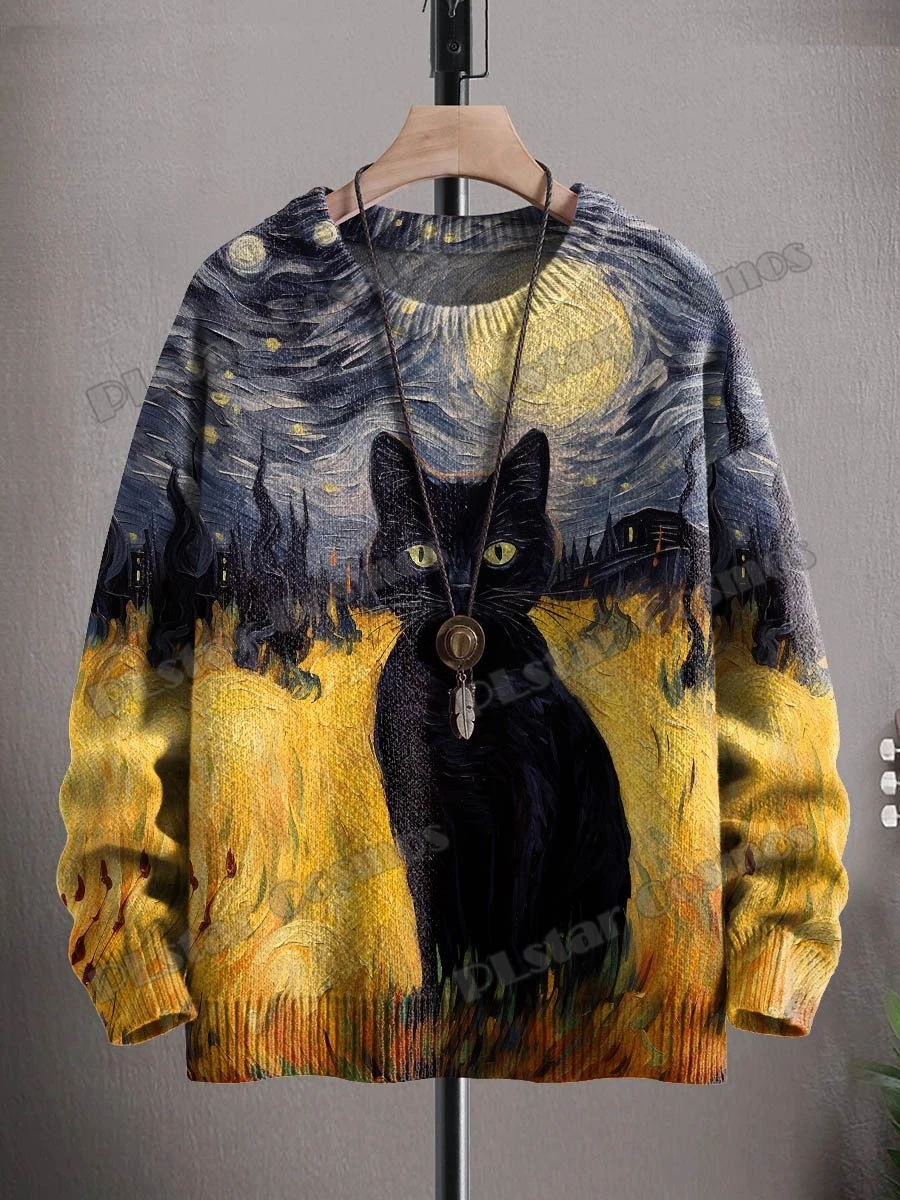 Halloween Black Cat Retro Art Pattern 3D Printed Men's Knitted Pullover Winter Unisex Casual Knit Pullover Sweater ZZM135