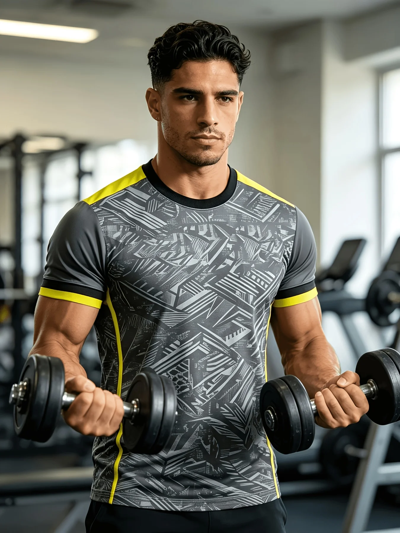 Grey Geometric Abstract Print Sport Tee Yellow Trim Crew Neck Quick Dry Training Top