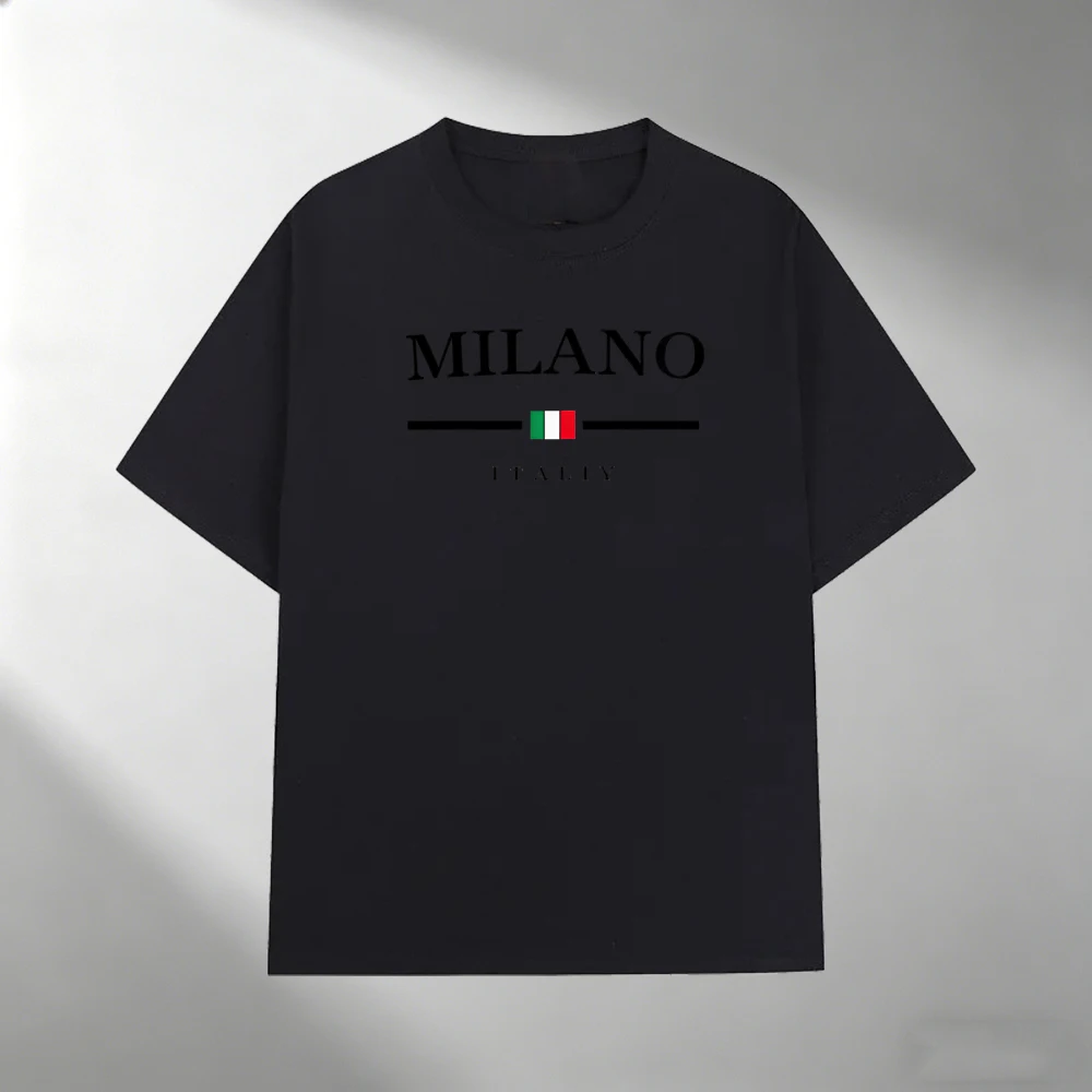 Herren Reines Baumwoll-T-Shirt MILANO Italien Flaggen-Print Kurzarm-Oberteil Lässiger Streetwear Minimalistischer Stil Locker Sitzend Tägliches Herren-Sommer-Tee-Shirt – Detail 7