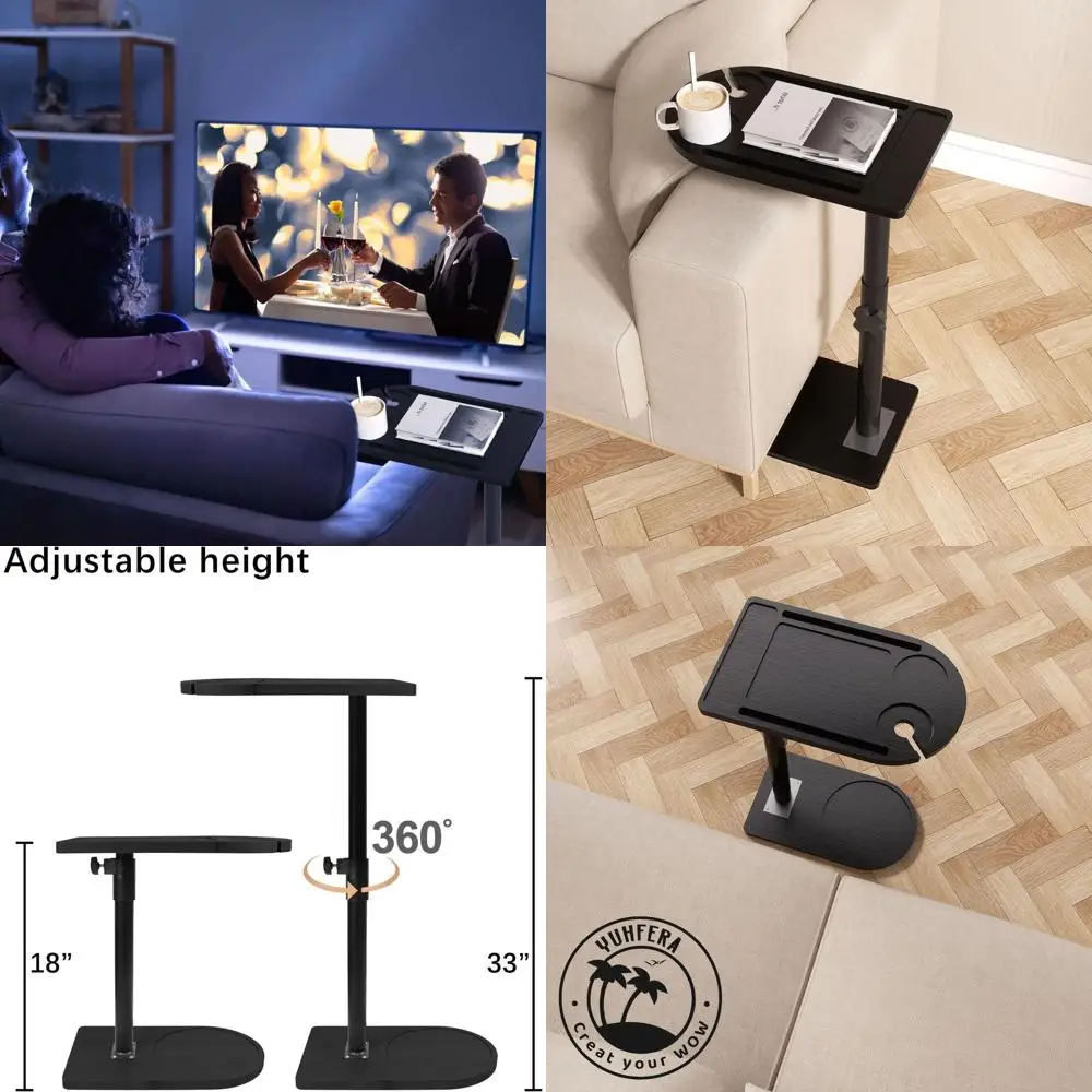 

Adjustable Height Sofa Side Table with Phone/Tablet Holders, TV Tray for Couch Arm, Compact Space Saver (Black, Arc Design)