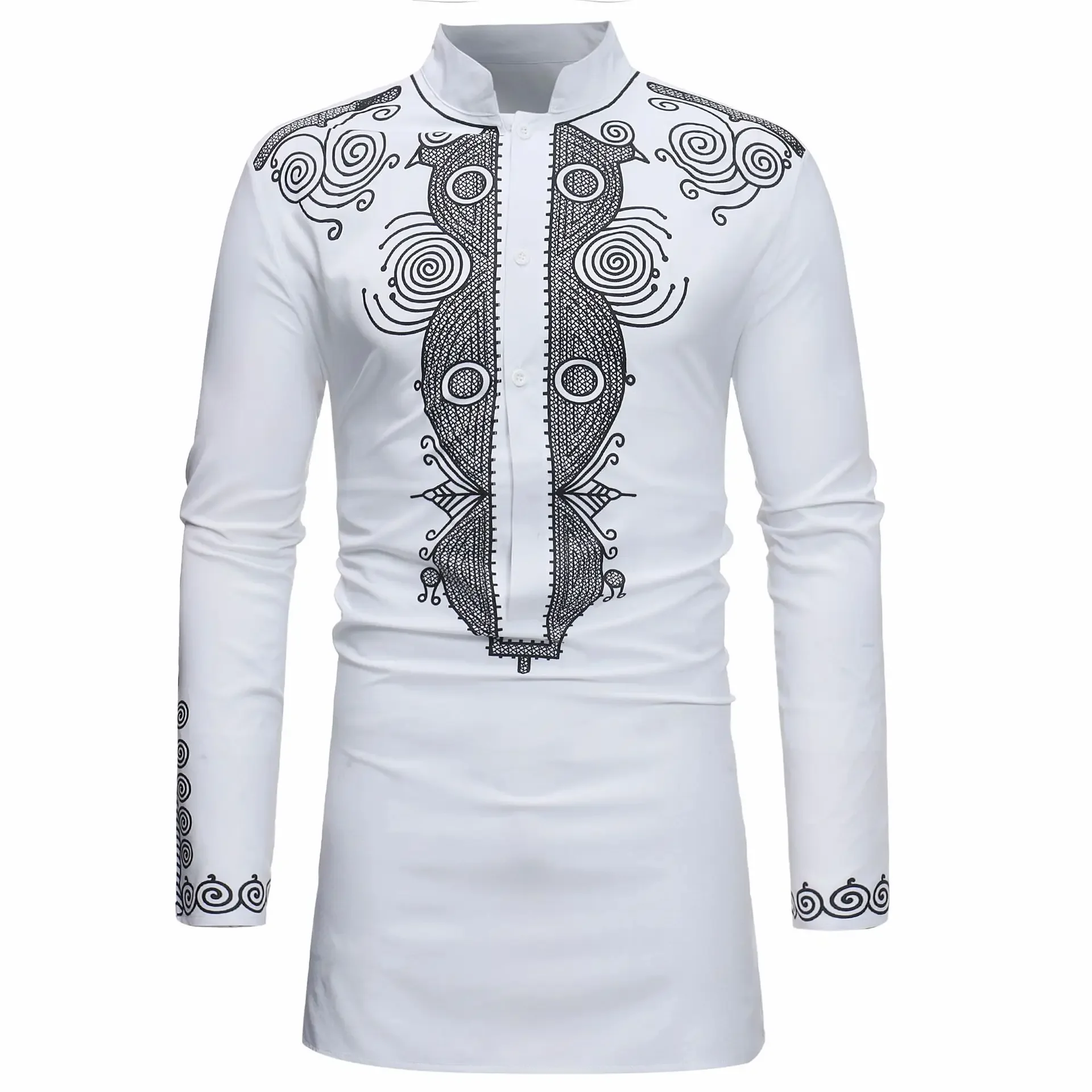 Stand Collar Muslim Shirt Men Clothes Folk Kaftan Musulman Kurta Indian Islamic Clothing National Printed Long Sleeve Shirts