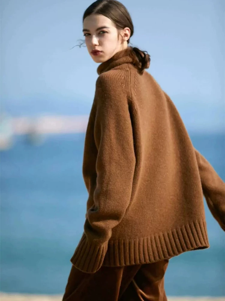 Autumn Winter New Cashmere Sweater 100% Merino Wool Women's Clothing High neck Pullover Casual Loose Knit Tops Fashion Korean