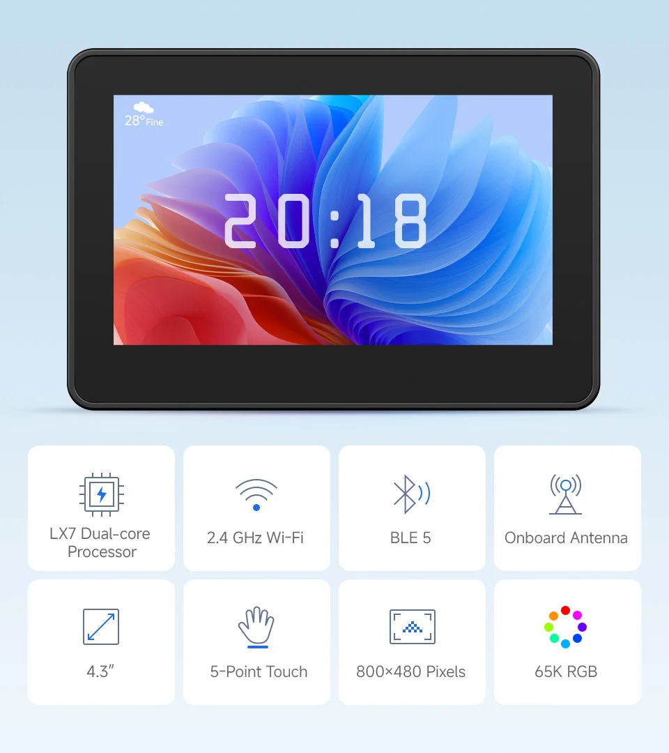 Waveshare ESP32-S3 4.3 인치 터치 LCD 개발 보드, B 타입, 800 × 480, 5 포인트 터치, 32 비트 LX7 듀얼 코어 프로세서