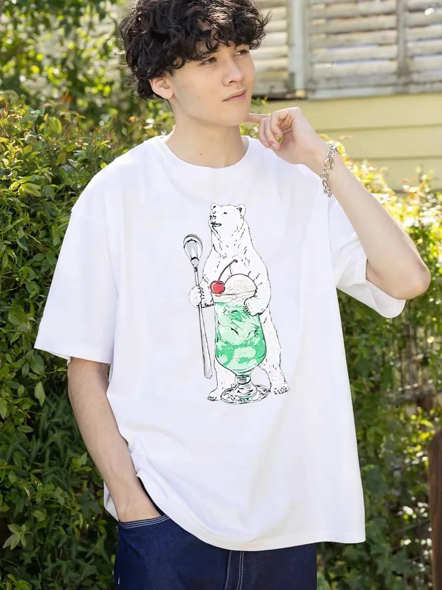 Summer 2026 Casual Cotton Short Sleeve T-Shirt Unisex Ice Cream Print Polar Bear Beverage Design Couple Matching round Neck