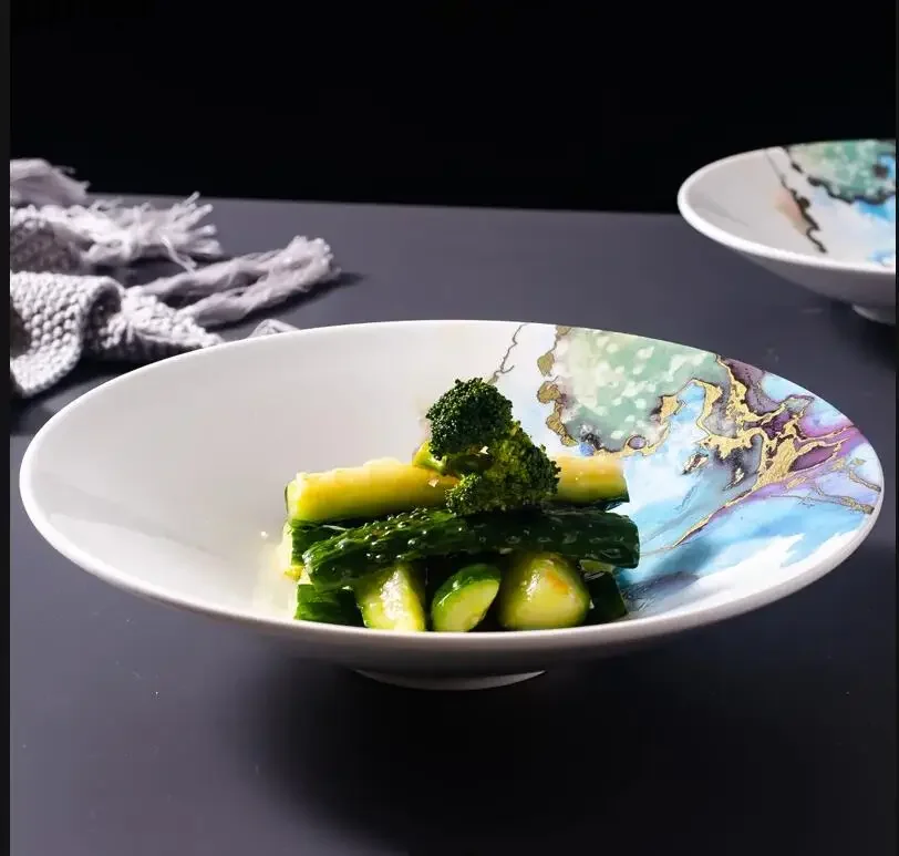 

Nordic Style Salad Plate Restaurant Main Course Serving Ceramic Round Tableware Home Kitchen Decoration Dinner Gift