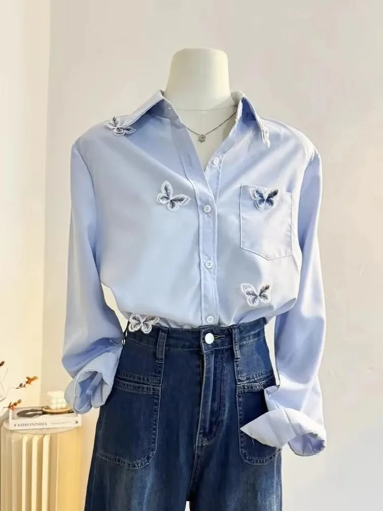 

Women Casual Korean 3D Bufferfly Long Sleeve Blue Shirts Blouse Vintage Loose Elegant New Female Spring Design Sweet Tops