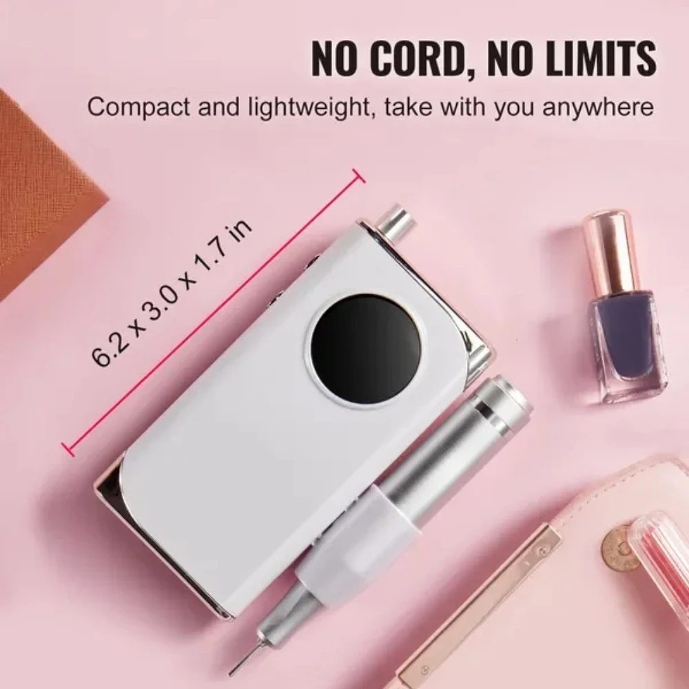 Electric Rechargeable Nail Drill, 40,000RPM Portable Cordless Nail E File Machine, LCD-Display Acrylic Gel Grinder Tool with 6
