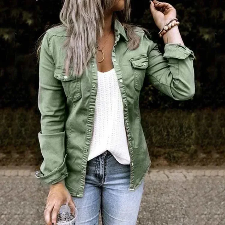 Denim Shirt Jackets Patchwork Top Women T Shirts Pockets V Neck Gray Shirts Y2k Tops Spring Autumn Elegant Streetwear Coats