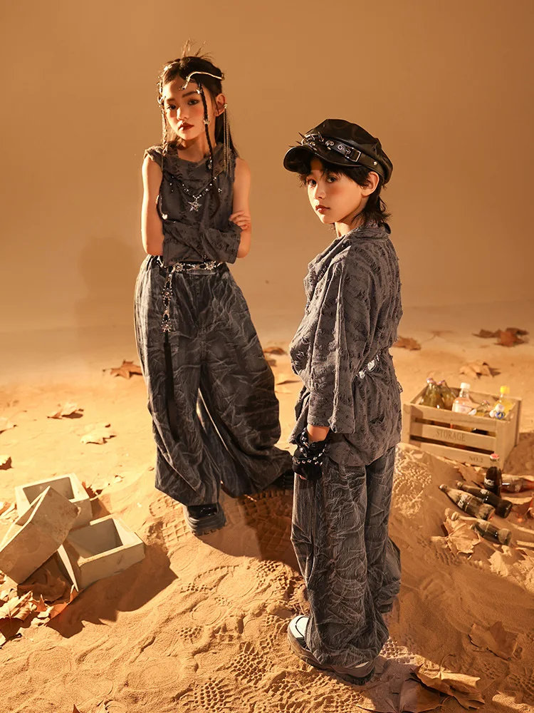 طفل القفار نمط الهيب هوب الملابس رمادي المتزعج هوديي أعلى طباعة عارضة عداء ببطء السراويل لفتاة صبي أزياء رقص الملابس