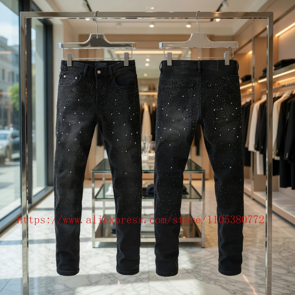 

Джинсы Y2K в темном стиле с полной отделкой стразами в виде черепов, с декоративными пуговицами, универсальные, облегающие, длинные брюки для мужчин и женщин