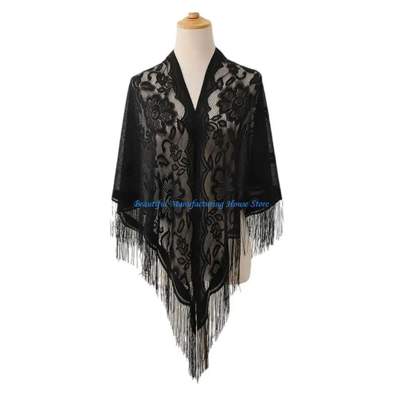 E56A Fashionable Lace Scarf with Fringed Soft Breathable Hollowout Sunproof Shawl Wrap for Lady Everyday Wear and Vacation