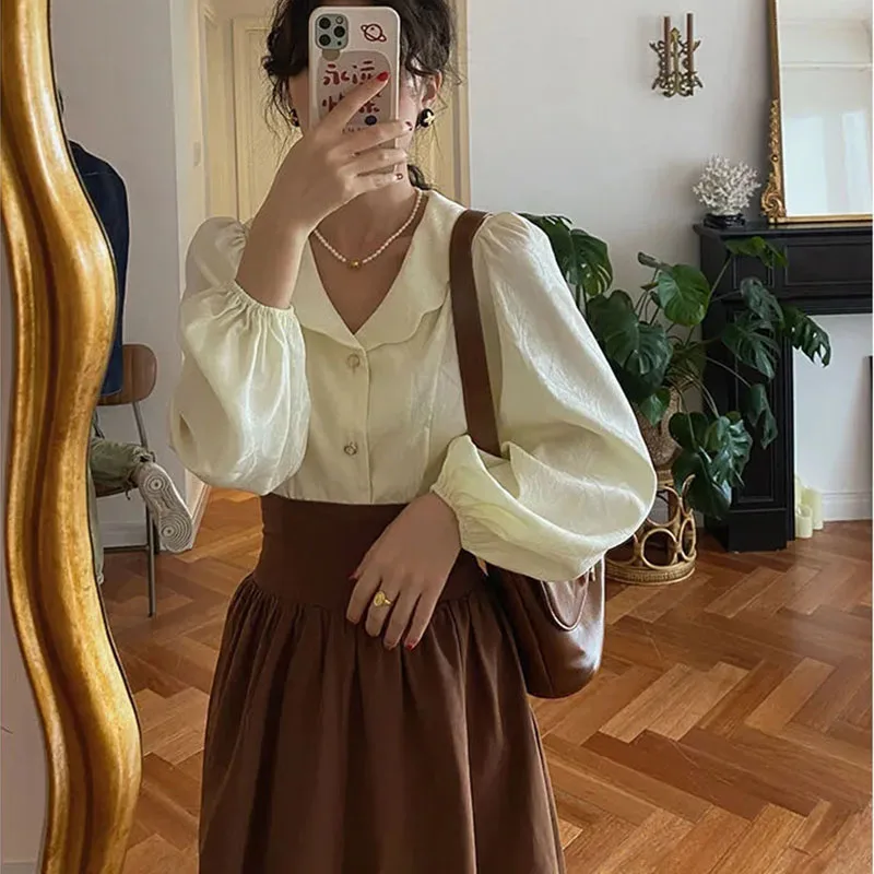 GIDYQ Vintage High Waist Drawstring Fluffy Skirt Women French Elegant Solid A Line Skirts Harajuku Retro Mid Length Skirt Autumn