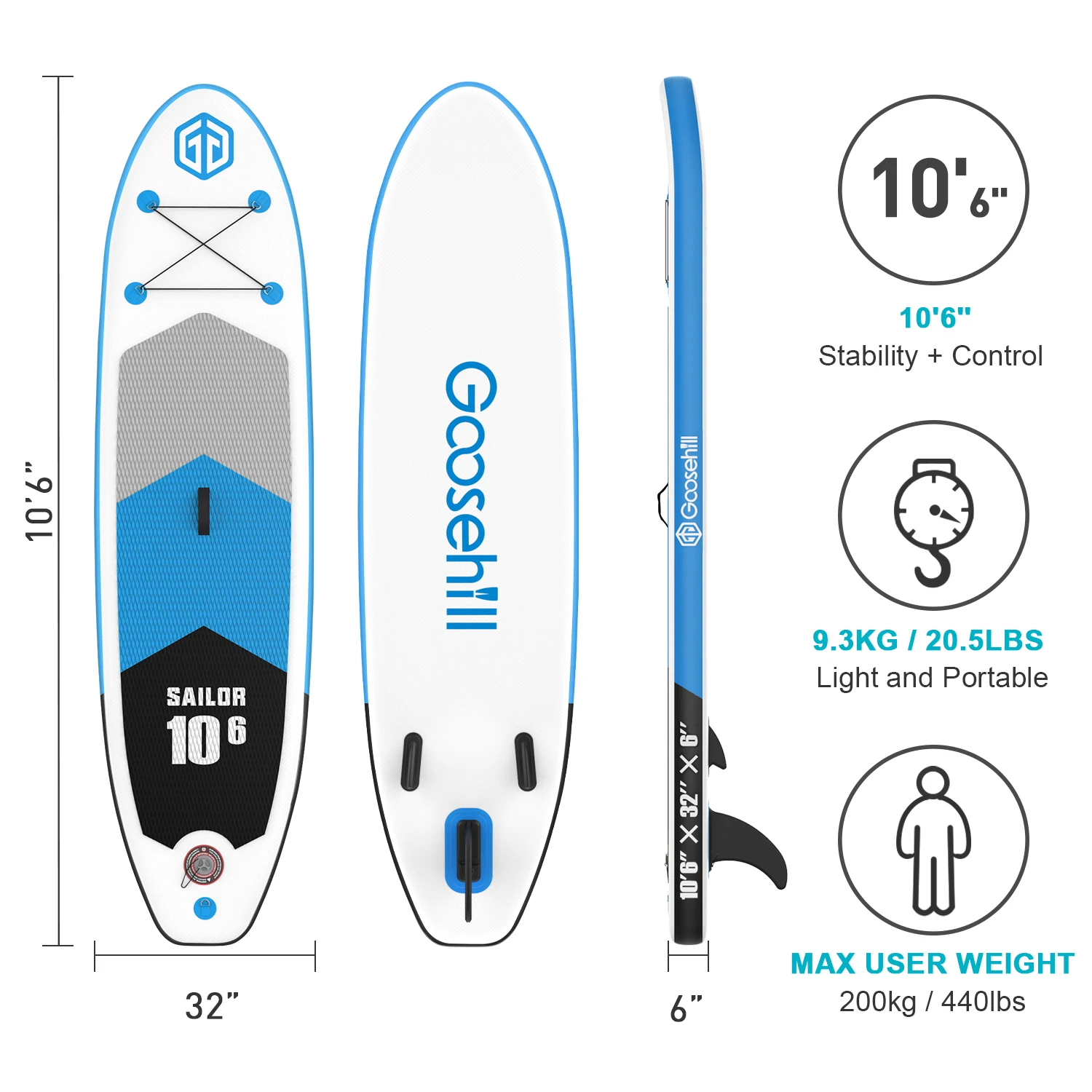 Agrest nadmuchiwana deska surfingowa na desce surfingowej, pakiet Premium SUP, 10 "6" x 32 "x 6", wzory otwarte do personalizacji (niebieski)