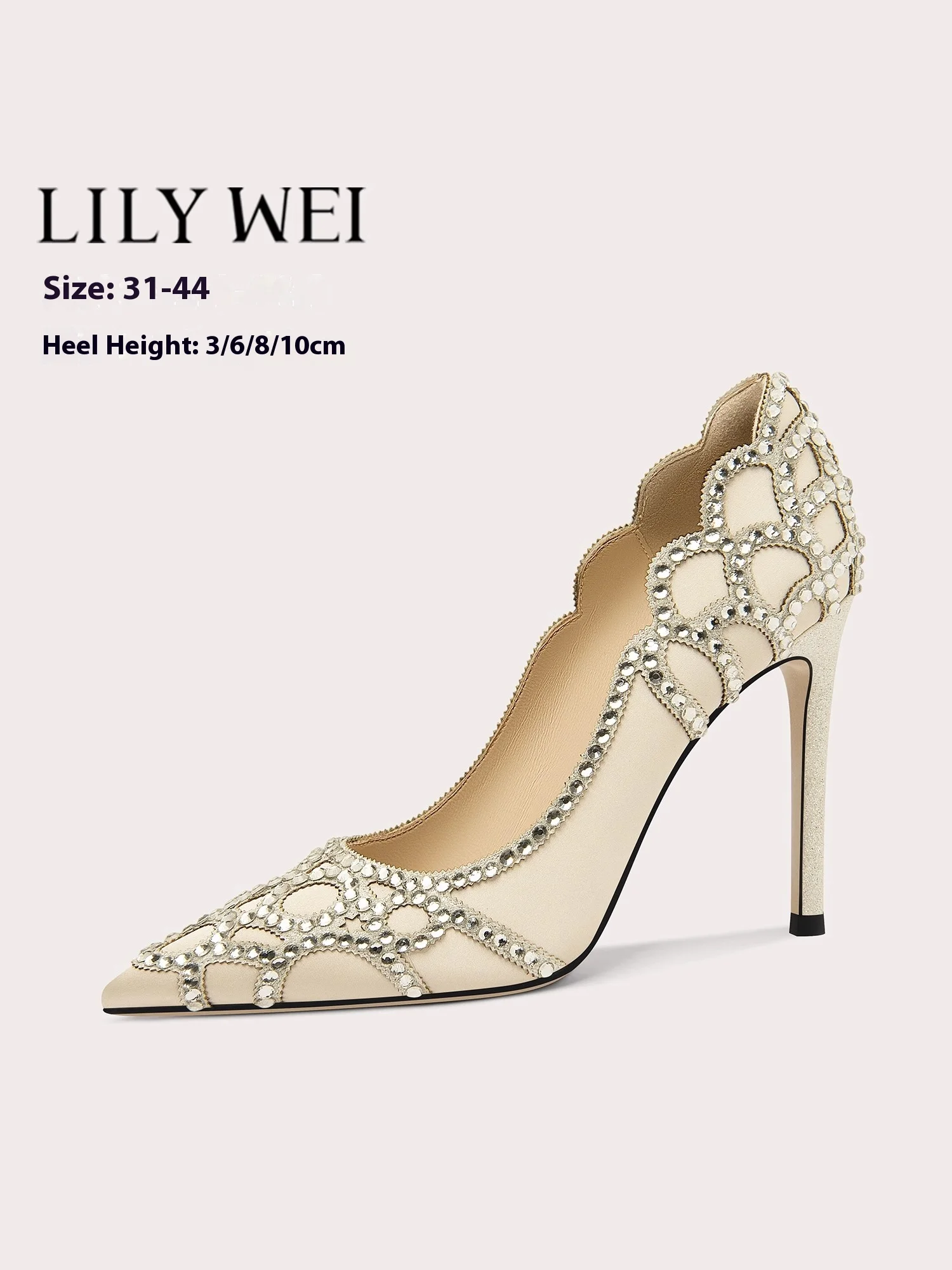 

Thin high heels spring new pointed shallow cloth hollow rhinestone wedding shoes banquet large size small size women's shoes