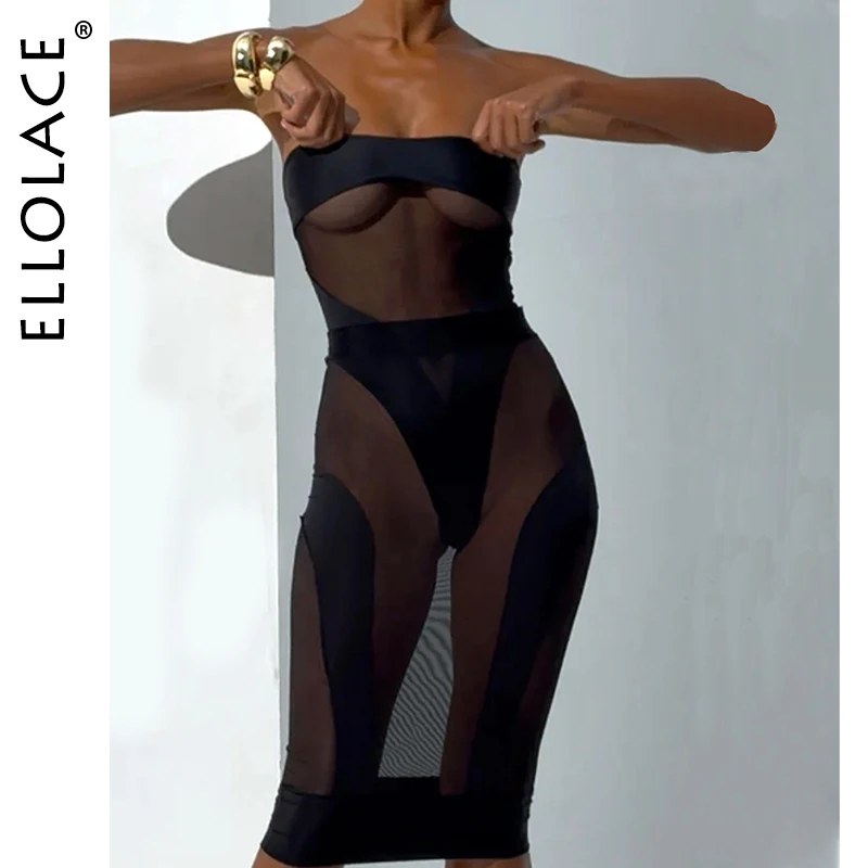 

Ellolace Elegant Hot Sexy Lingerie See Through Strapless Bodysuit Half Dress 2PC Set Seductive Splicing Party Queen Costume