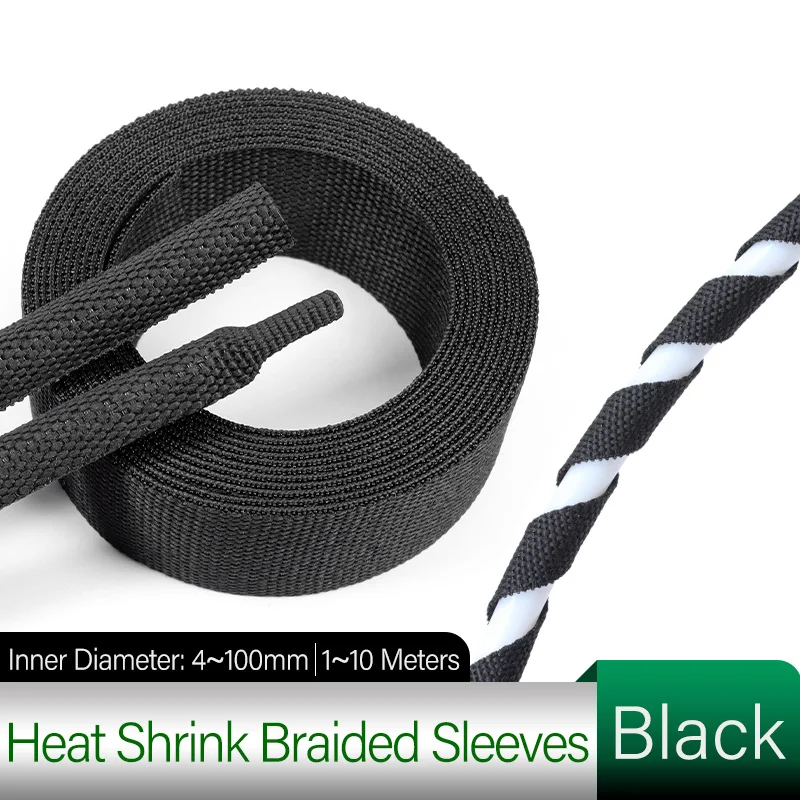 Black Cable Sleeve 4~100mm PET Braided Heat Shrink Tube Flam Retardant Organizer Insulation Protection Wire Wrap Sheath 1~10 M