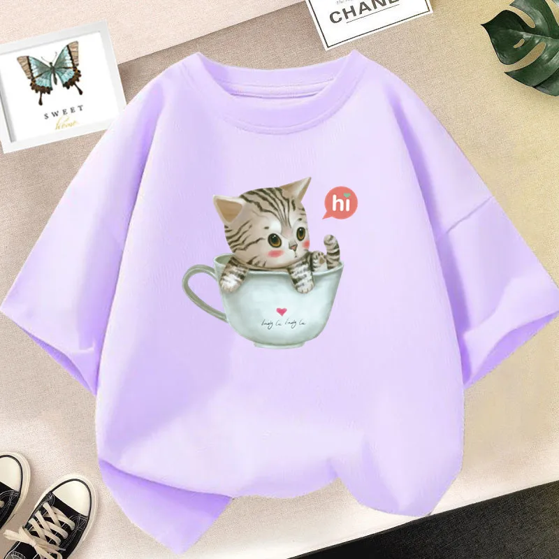 Cute Cat  T-shirt in Cup Summer Short Sleeve Casual Tees Girls Top Kids Kawaii Clothing