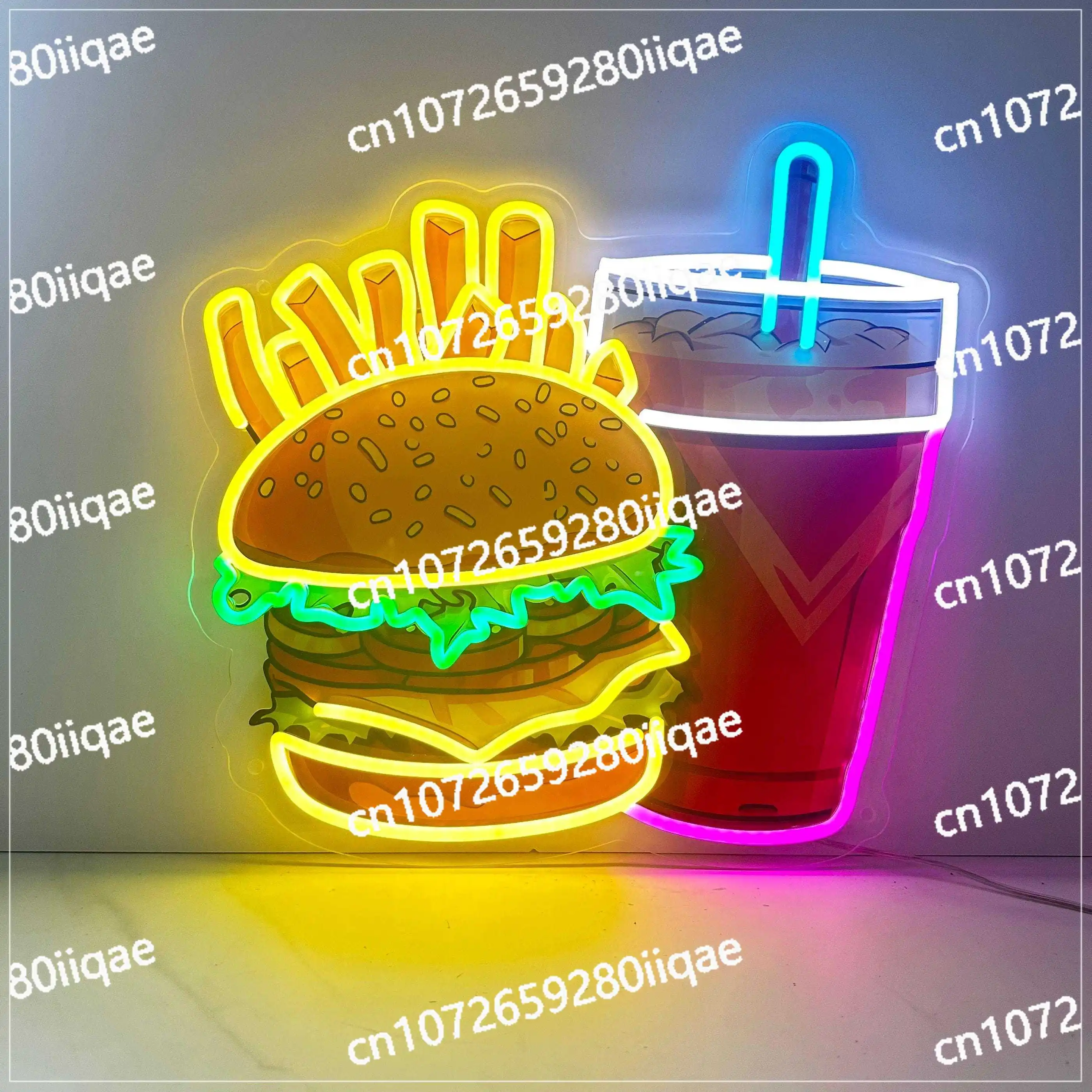 

Burgers and Drinks Neon Sign Fast Food Business Restaurant Shop Sign Hamburger Neon Light Burgers Decor UV Print Acrylic Sign