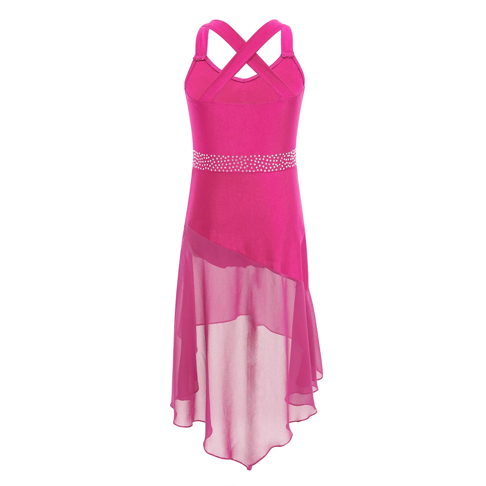 Robe de danse latine pour enfants, Costume de danse Cha-cha Samba pour filles, sans manches, strass, ourlet haut-bas en mousseline de soie, vêtements de danse de patinage